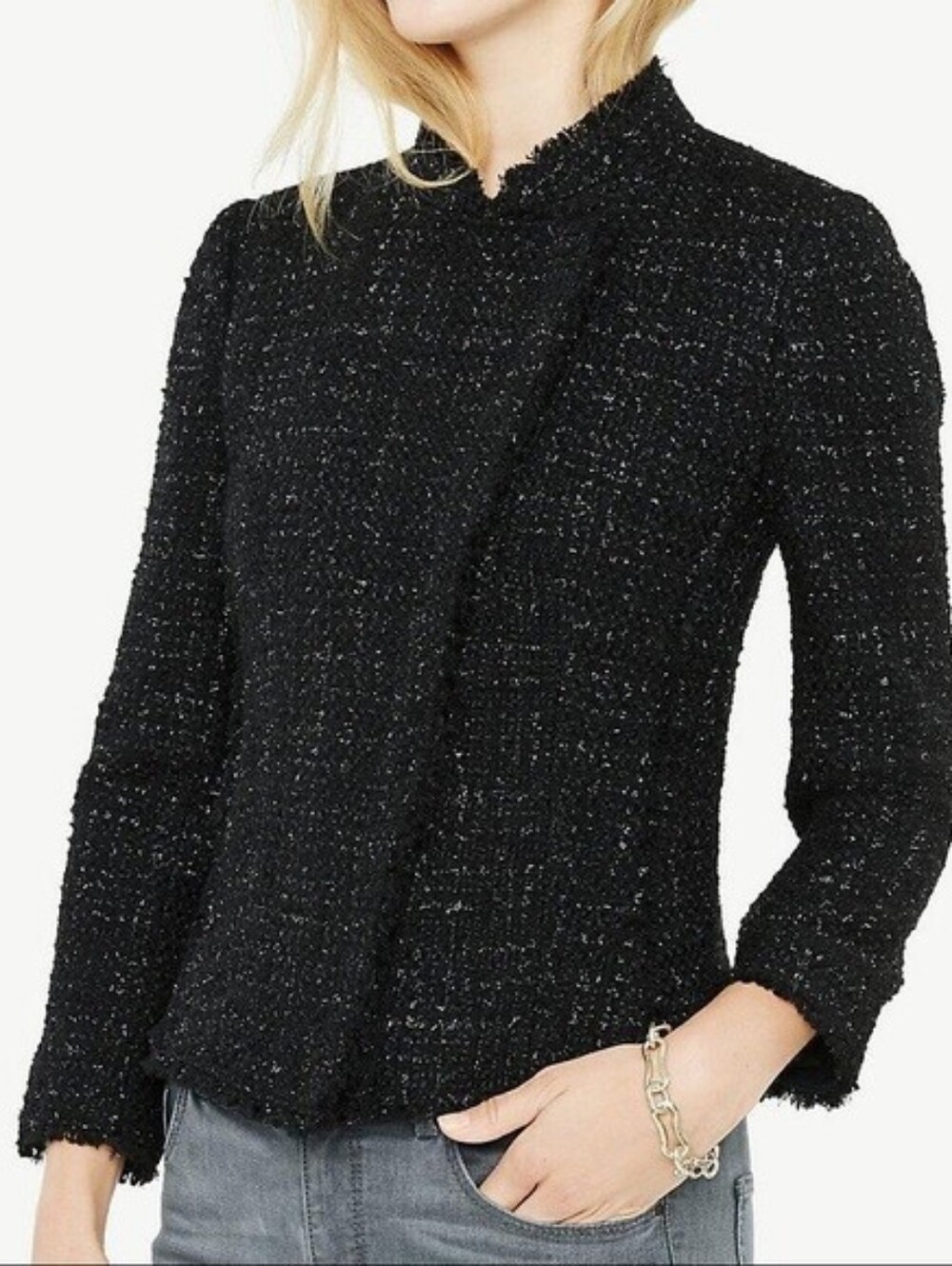 Ann Taylor Black Shimmer Metallic Tweed Fringe Moto Blazer Jacket 8 Wool Blend